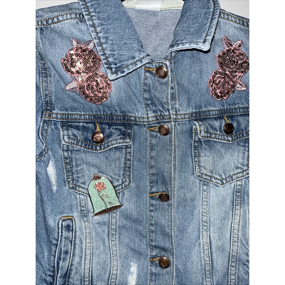 Disney Beauty & the Beast Denim Sequin Jacket Belle Sz US 7/8 Girls Jean Blue - Picture 2 of 10